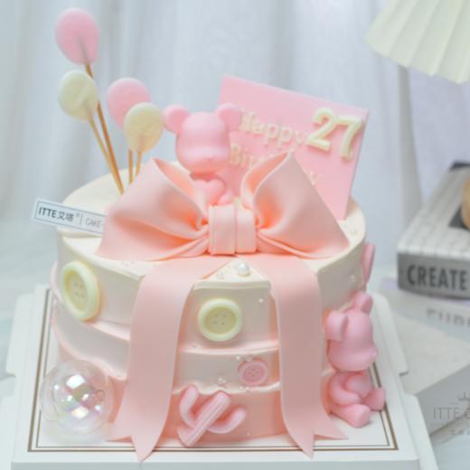 【粉色小熊蝴蝶结】动物奶油、纯手工巧克力配件，新鲜水果布丁夹心！巧克力牌上的数字请备注哈~ 商品图1