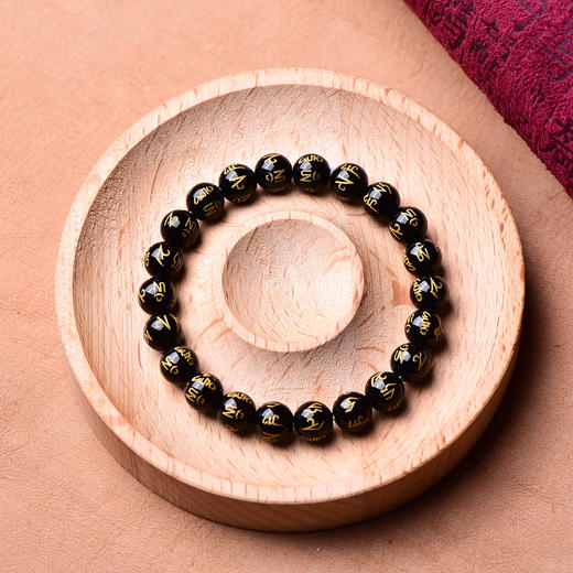 珩钻   新中式六字真言黑玛瑙烫金手串国潮手链8mm 商品图4