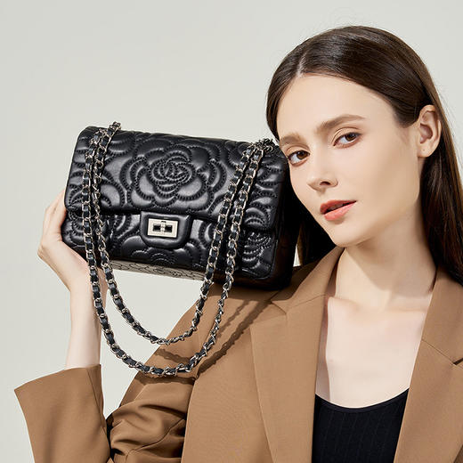 小香风山茶花头层高山羊皮，真皮菱格质感洋气链条包单肩斜挎包QSL- 2780 商品图3