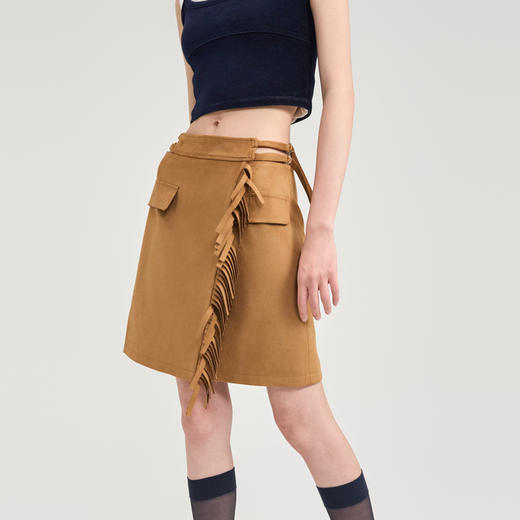 [捡漏价]lost in echo2024秋季新款复古工装休闲麂皮流苏A字半身裙短裙女 商品图0