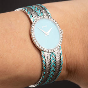 独角鹿西洋古董 1970年代瑞士出品18K白金镶嵌钻石装饰绿松石表盘女士腕表