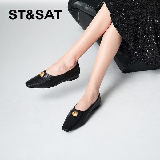 星期六时髦小方头牛皮平底单鞋SSC3111157 商品图0