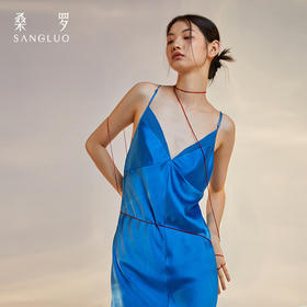 桑罗真丝吊带睡裙女V领露背性感睡衣蕾丝拼接收腰显瘦2024年新款