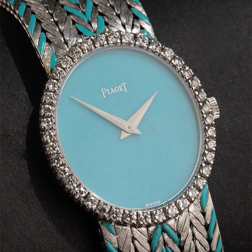 独角鹿西洋古董 1970年代瑞士出品18K白金镶嵌钻石装饰绿松石表盘女士腕表 商品图2