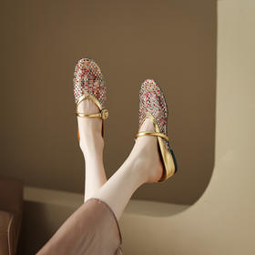 【预售5天】2024新款水钻网面一字扣带平底镂空渔网玛丽珍拖鞋HCYYHD&4287