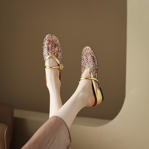 【预售5天】2024新款水钻网面一字扣带平底镂空渔网玛丽珍拖鞋HCYYHD&4287 商品图0