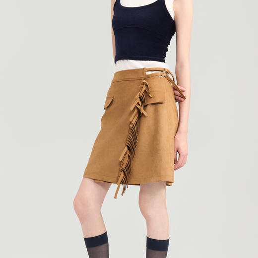 [捡漏价]lost in echo2024秋季新款复古工装休闲麂皮流苏A字半身裙短裙女 商品图3