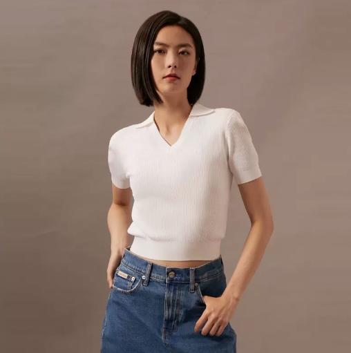 CK Jeans女士V字POLO领螺纹微弹短袖针织衫J223932 商品图1