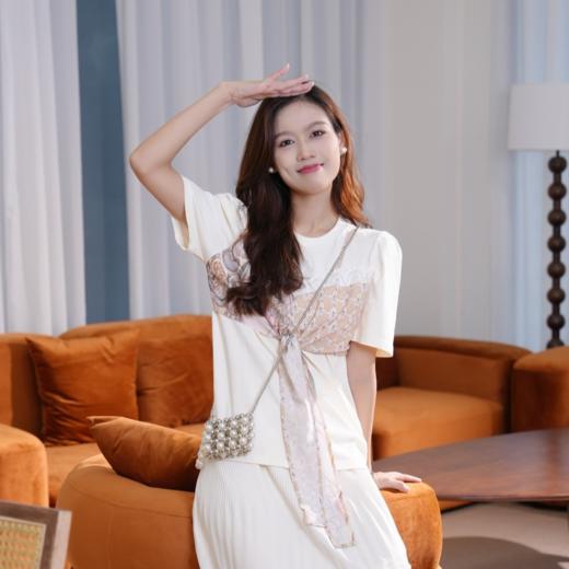 两三事2024夏季新款甜美蕾丝印花拼接假两件t恤女宽松 商品图1