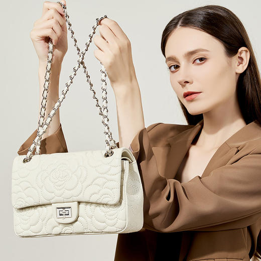 小香风山茶花头层高山羊皮，真皮菱格质感洋气链条包单肩斜挎包QSL- 2780 商品图0