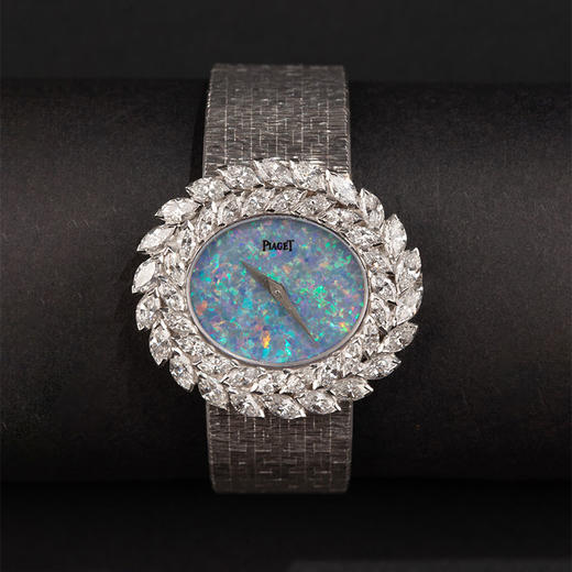 独角鹿西洋古董 1972年瑞士出品18K白金镶嵌钻石装饰欧泊表盘女士腕表 商品图0