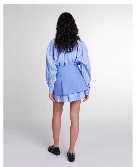 Ma*家早秋新款时尚蓝白条纹叠穿衬衫连衣裙 商品图2