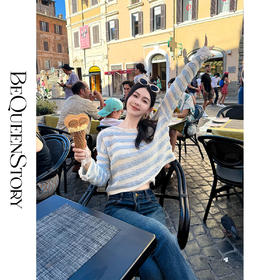 BeQueenStory【条纹美术馆】重工设计感精致钩花一字领条纹毛衣