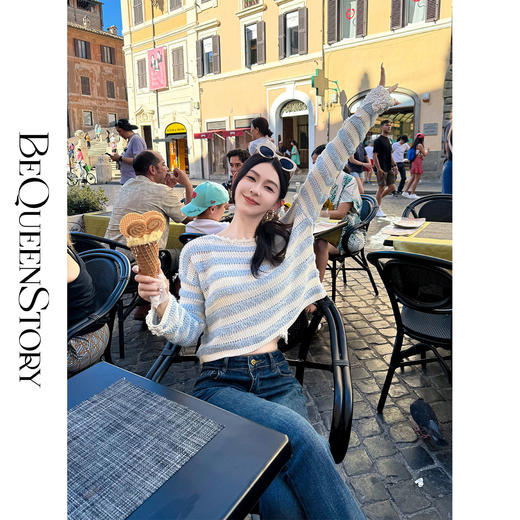 BeQueenStory【条纹美术馆】重工设计感精致钩花一字领条纹毛衣 商品图0