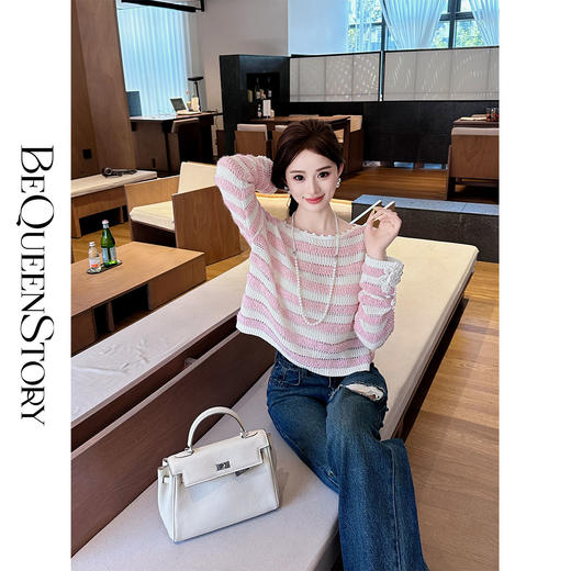 BeQueenStory【条纹美术馆】重工设计感精致钩花一字领条纹毛衣 商品图4