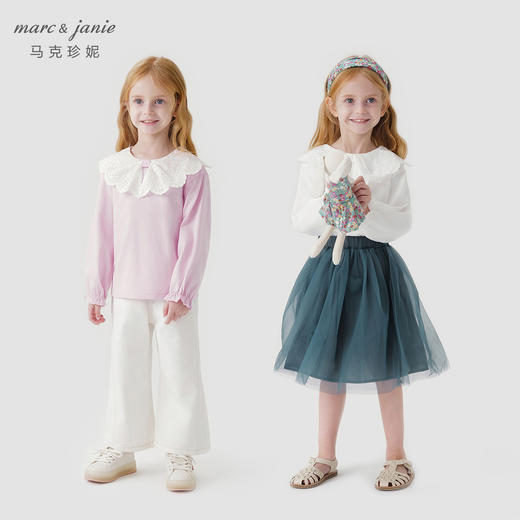马克珍妮女童甜美镂空花边娃娃领T恤 儿童纯棉秋装新款上衣241176 商品图1