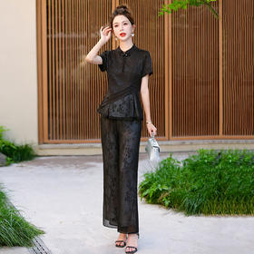 国风套装夏季收腰褶皱小衫直筒开衩阔腿裤两件套 QYM-TB-FD1195-Y