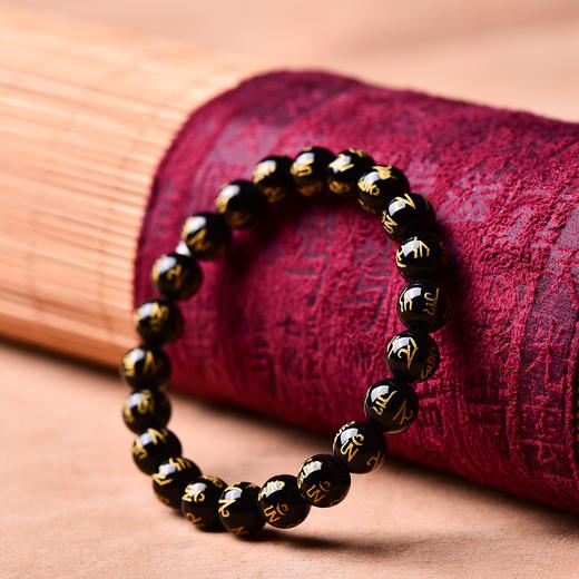 珩钻   新中式六字真言黑玛瑙烫金手串国潮手链8mm 商品图2