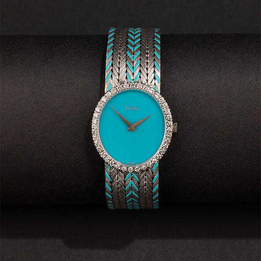 独角鹿西洋古董 1970年代瑞士出品18K白金镶嵌钻石装饰绿松石表盘女士腕表 商品图1