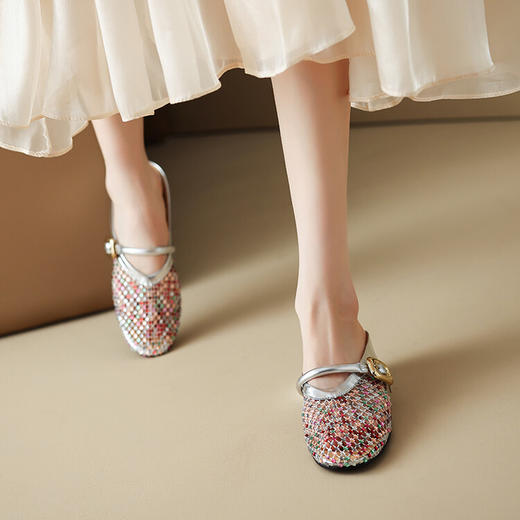 【预售5天】2024新款水钻网面一字扣带平底镂空渔网玛丽珍拖鞋HCYYHD&4287 商品图4