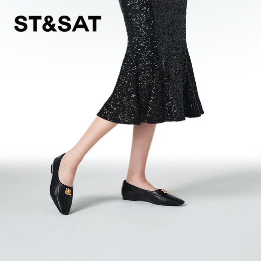 星期六时髦小方头牛皮平底单鞋SSC3111157 商品图1