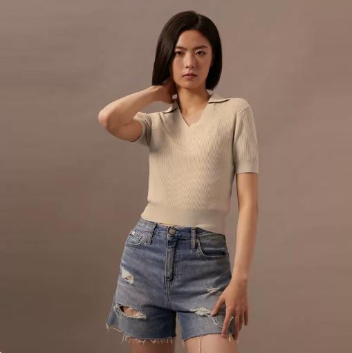 CK Jeans女士V字POLO领螺纹微弹短袖针织衫J223932 商品图0