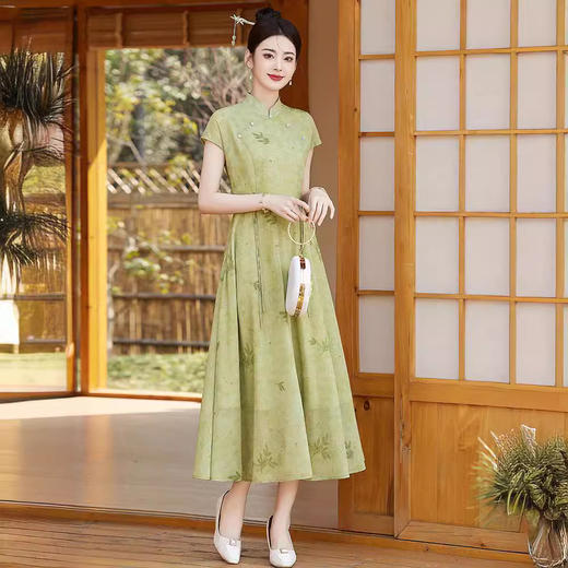 2024夏季上新气质时尚新中式风收腰显瘦印花立领A字连衣裙YBER121 商品图3