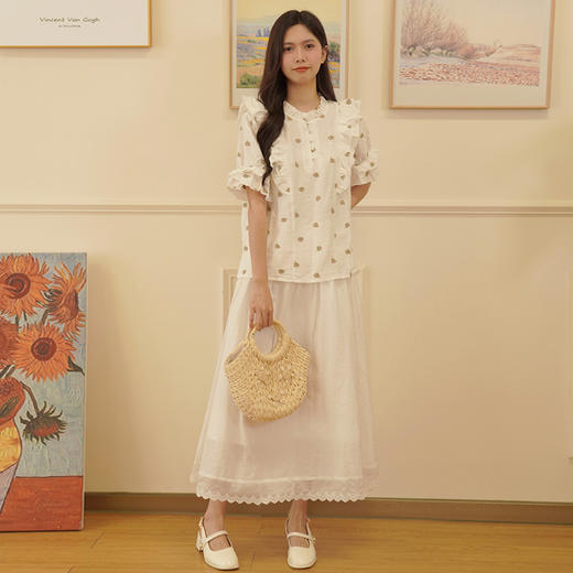 两三事飞花漫舞2024夏季新款小清新碎花刺绣荷叶边拼接衬衫女 商品图1