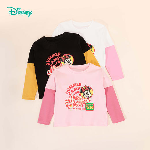迪士尼女童可爱米妮假两件T恤纯棉套头上衣HSND24076 商品图1