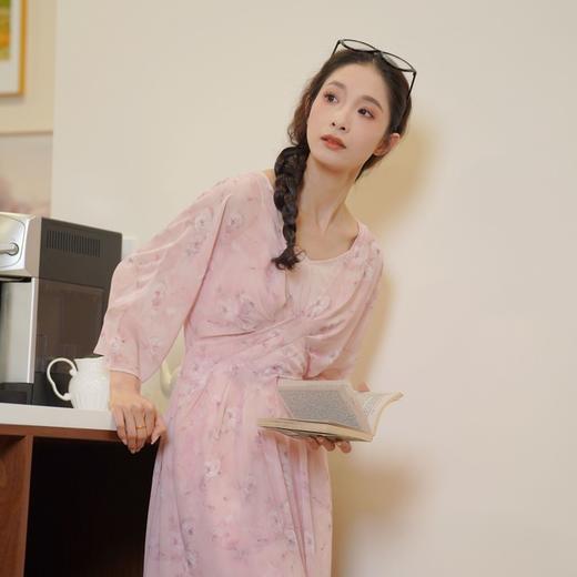 蔷薇少女碎花粉色清凉软纱飘逸收腰连衣裙气质真两件 商品图2