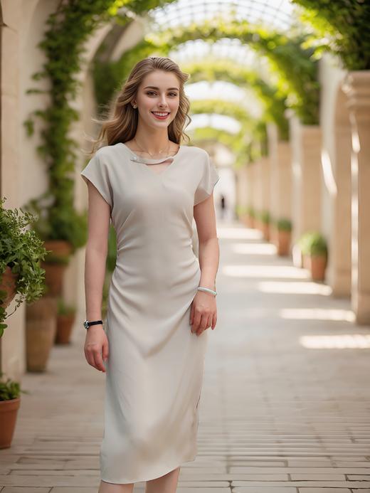 V领飘带造型收腰侧开衩连衣裙 商品图3