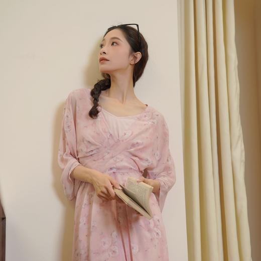 蔷薇少女碎花粉色清凉软纱飘逸收腰连衣裙气质真两件 商品图1