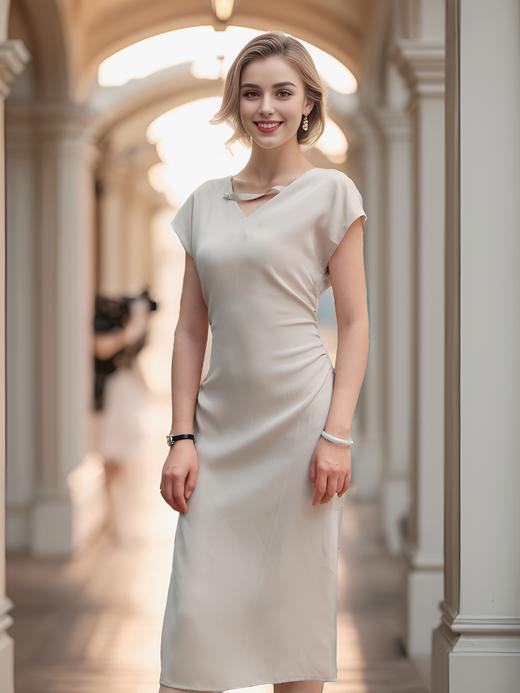 V领飘带造型收腰侧开衩连衣裙 商品图1