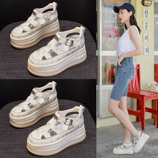 真皮增高7CM包头凉鞋，夏季新款厚底罗马洞洞鞋 JC6660 商品图0