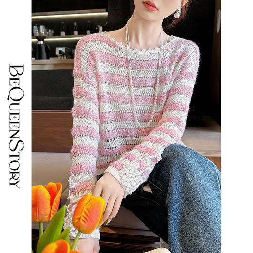 BeQueenStory【条纹美术馆】重工设计感精致钩花一字领条纹毛衣 商品图2