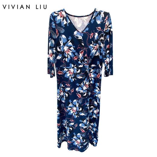 VIVIAN LIU R2427401春女装新款V领腰部打结七分袖针织连衣裙 商品图0