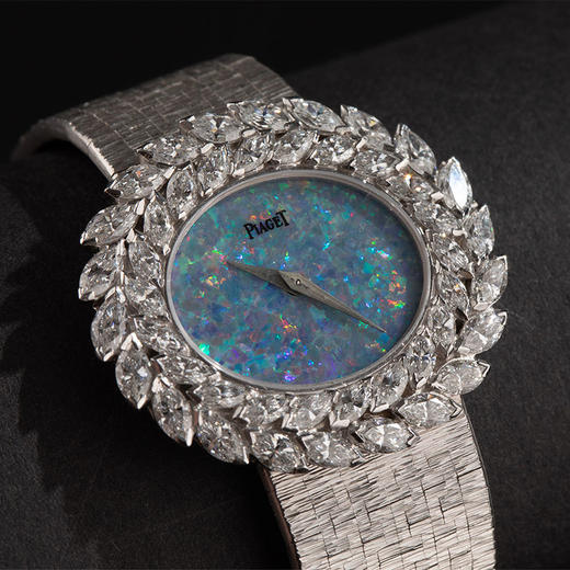 独角鹿西洋古董 1972年瑞士出品18K白金镶嵌钻石装饰欧泊表盘女士腕表 商品图1