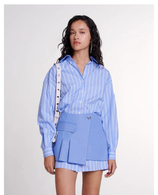 Ma*家早秋新款时尚蓝白条纹叠穿衬衫连衣裙 商品图4