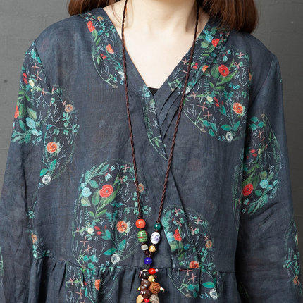 雀说复古宽松洋气宽松大码女装舒适V领亚麻中长款连衣裙ALA143-D5 商品图2