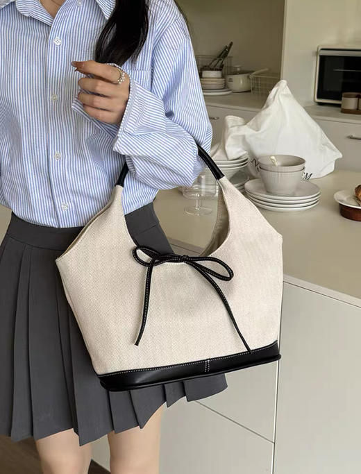 韩系蝴蝶结小众帆布拼接单肩腋下包大容量简约通勤时尚手提托特包 商品图7