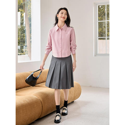 【年终特卖】熙世界设计感粉色衬衫女长袖2024秋新款假两件拼接上衣天丝衬衣 商品图2