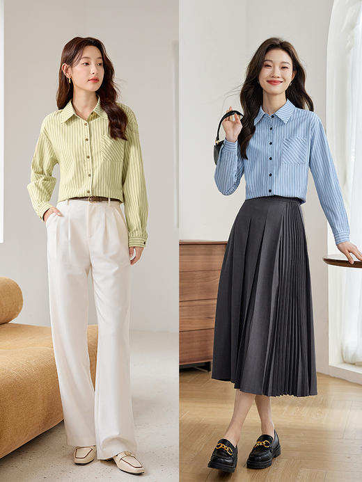 【年终特卖】熙世界通勤条纹衬衫2025春秋新款流行显瘦宽松百搭打底翻领衬衣 商品图4