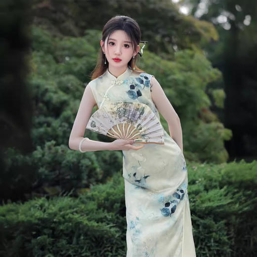 夏款无袖长款浅色国风水墨画修身旗袍SJT675 商品图2