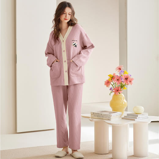 芬腾【空气棉夹层】女士睡衣纯棉V领长袖秋冬季休闲舒适家居服套装 商品图4