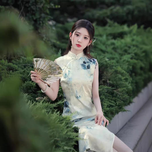 夏款无袖长款浅色国风水墨画修身旗袍SJT675 商品图3