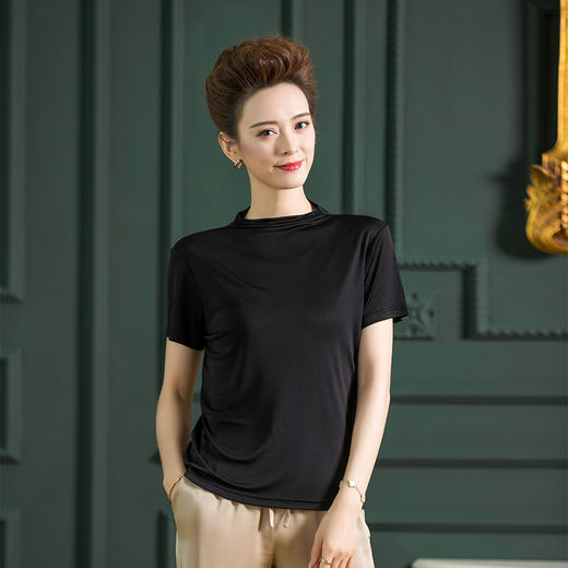 丁摩 纯色百搭真丝上衣女桑蚕丝短袖T恤潮修身针织衫4ZF-F2356 商品图2