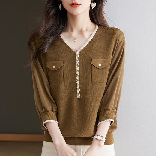 七分袖雪纺拼接t恤，冰丝针织衫v领上衣t桖CC- 10-5193 商品图2