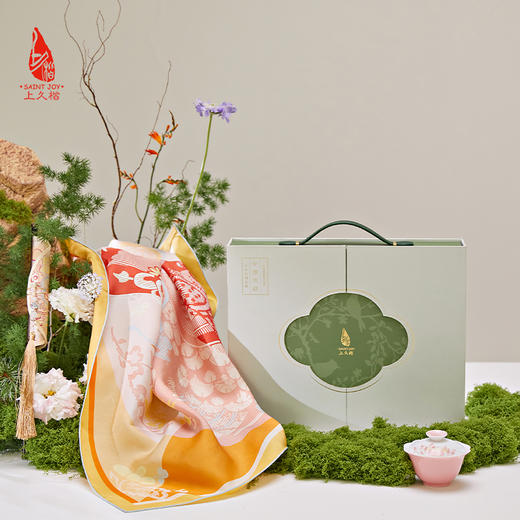SAINTJOY/上久楷礼盒 闻相和韵   陶瓷盖碗  宋锦腰扇 SPS24G02-2   双面印花真丝方巾 FJS24006 商品图1