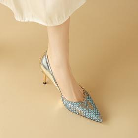 【预售5天】2024新款女鞋欧美风尖头细跟浅口单鞋女拼色高跟鞋四季鞋NDXC&6670