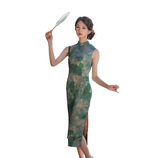 夏款仿醋酸绿色荷花开衩旗袍SJT678 商品图4